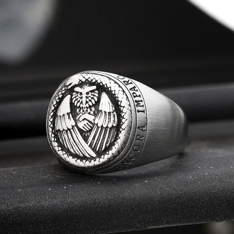 Owl and Ouroboros Stainless Steel Ring
