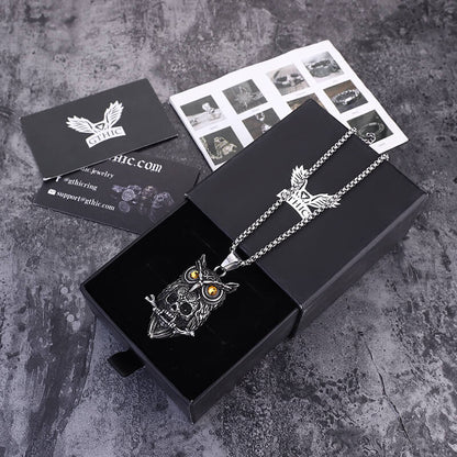 Owl Stainless Steel Gemstone Skull Pendant