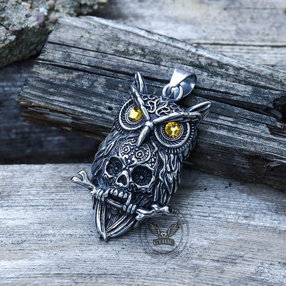 Owl Stainless Steel Gemstone Skull Pendant