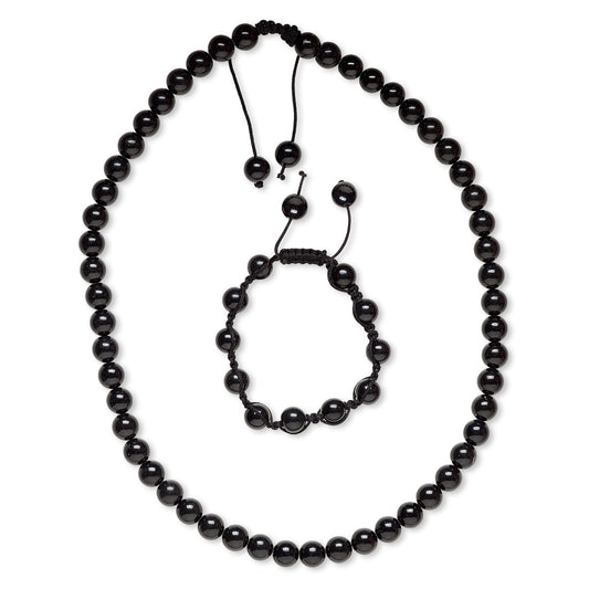 Natural Black Obsidian 10mm Bead Necklace and Bracelet Set, With Black Nylon Macrame Knot Closure, Adjustable