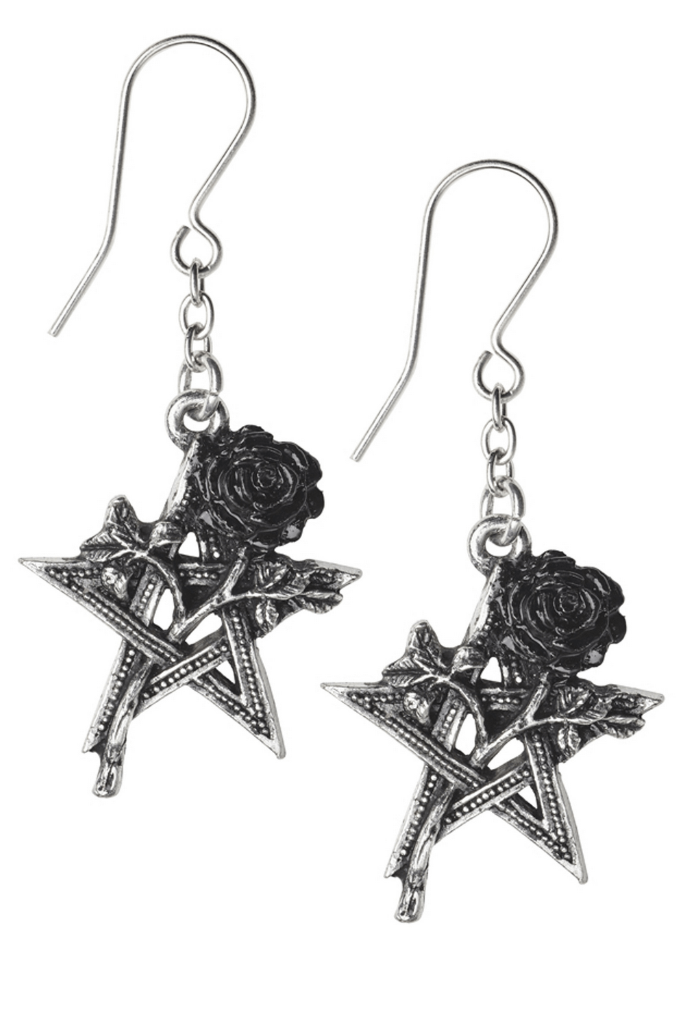Pentagram and Black Rose Earrings With Pewter Detailing