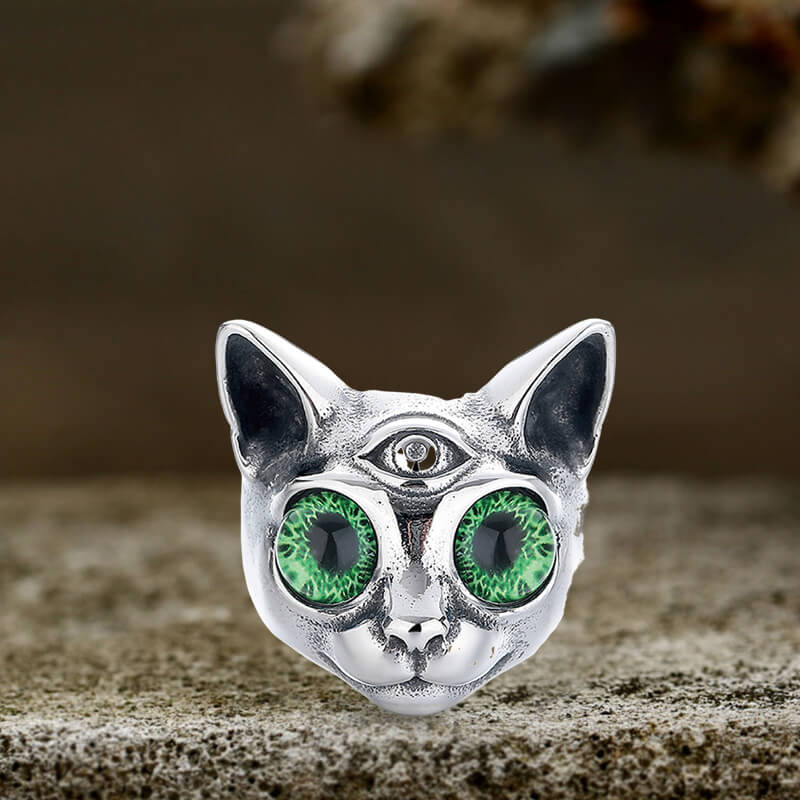Personalized Gem Three-eyed Cat Stainless Steel Ring
