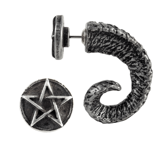 Pewter Ram's Horn Earring With Pentagram End Cap