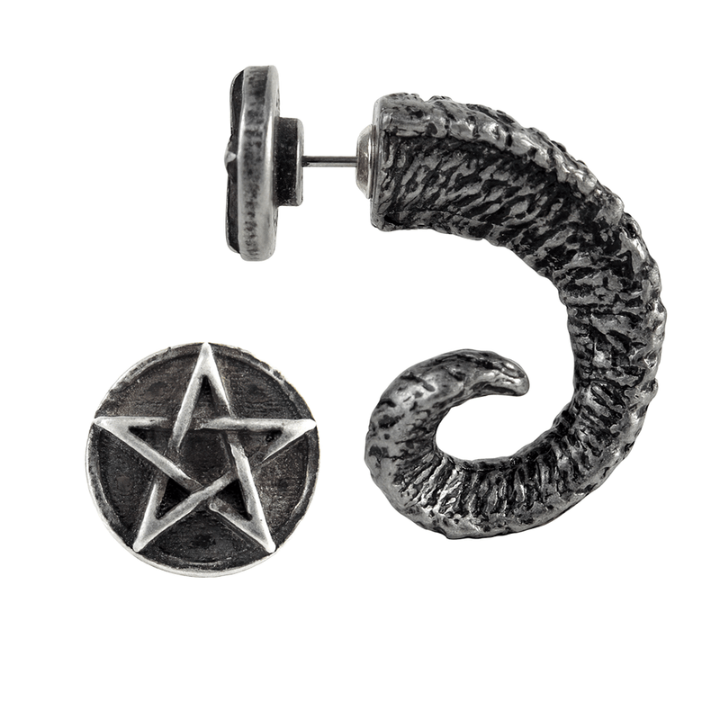Pewter Ram's Horn Earring With Pentagram End Cap