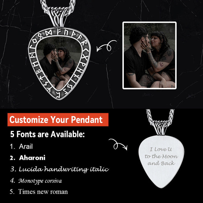 Customized Heart Photo Necklace With Viking Runes