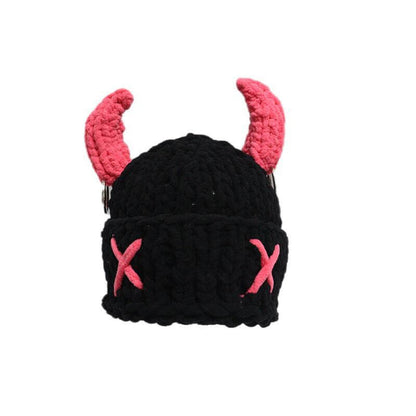 Pink Horn Demon Knitted Beanie Hat