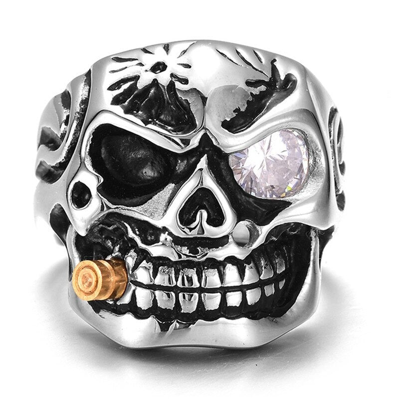 Pirate Skeleton Ring / Stainless Steel Ring With Crystal / Biker Jewelry