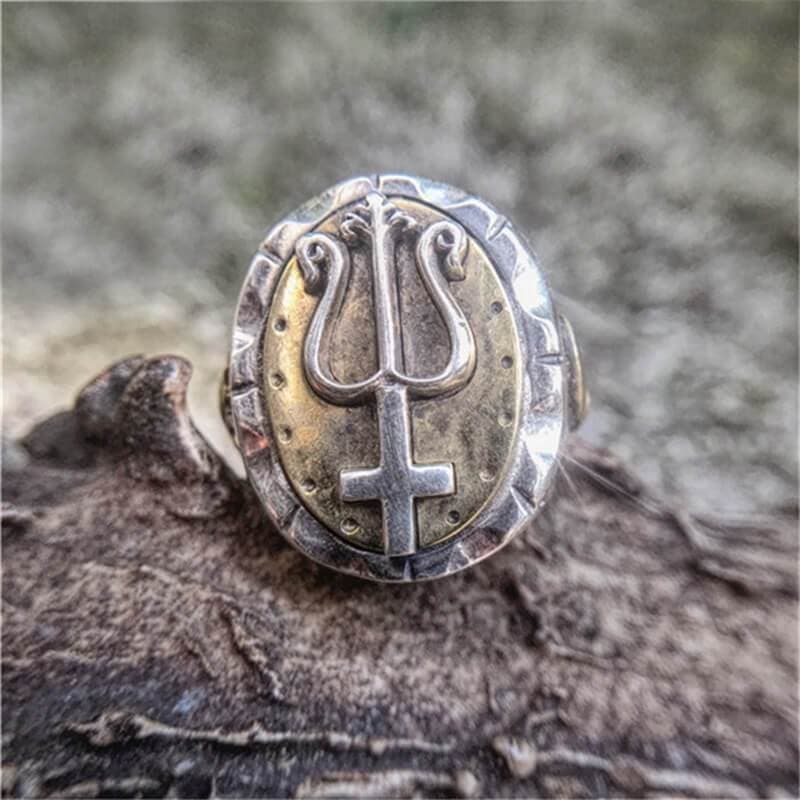 Trident of Poseidon Sterling Silver Petrine Cross Ring