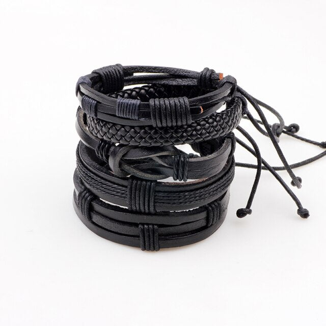 Black Leather Bracelet & Wristband in Rock Style Set of 5 Pcs