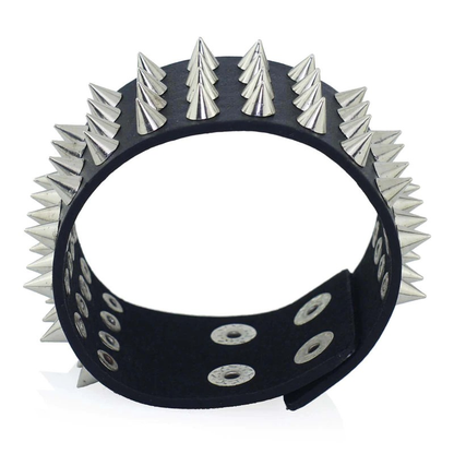 Pu Leather Gothic Bracelet / Black Bangle With Four Row Spikes