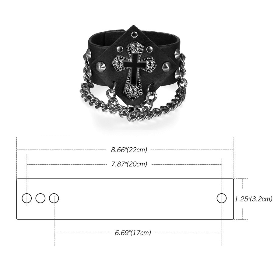 Punk Style Rivets and Spikes Bracelet With Cross / Gothic Bangles With Chain