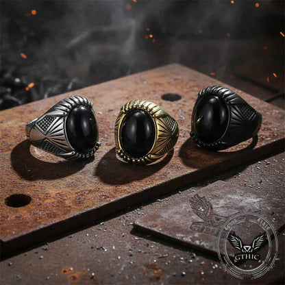 Punk Black Gemstone Stainless Steel Biker Ring