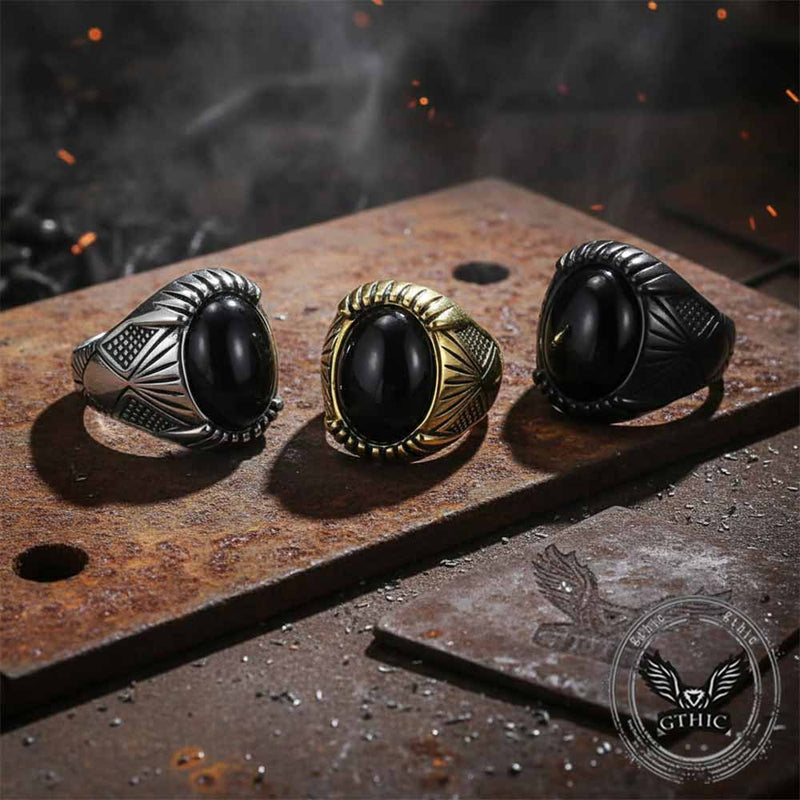 Punk Black Gemstone Stainless Steel Biker Ring
