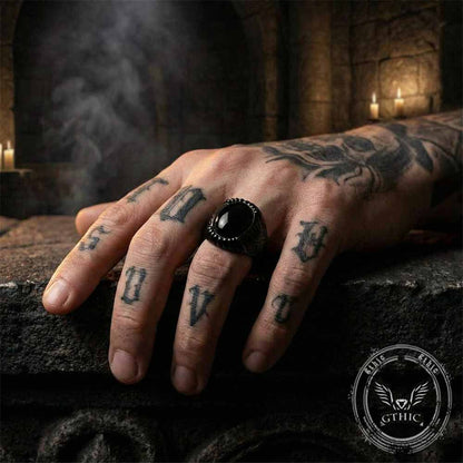 Punk Black Gemstone Stainless Steel Biker Ring