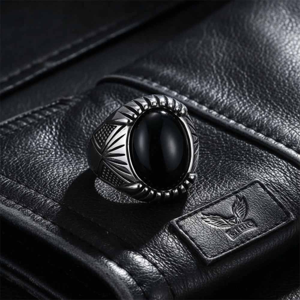 Punk Black Gemstone Stainless Steel Biker Ring