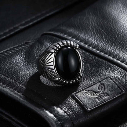 Punk Black Gemstone Stainless Steel Biker Ring