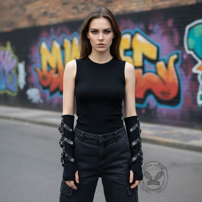 Punk Dark Style Pu Strappy Half-finger Sleeve Gloves