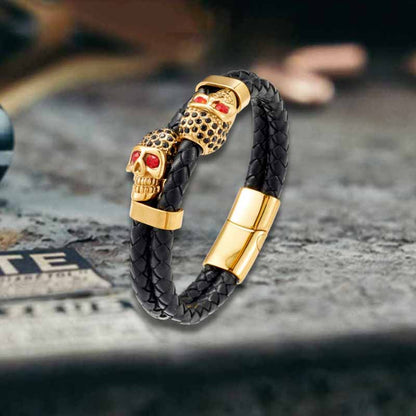 Punk Double Skull Stainless Steel Leather Bracelet