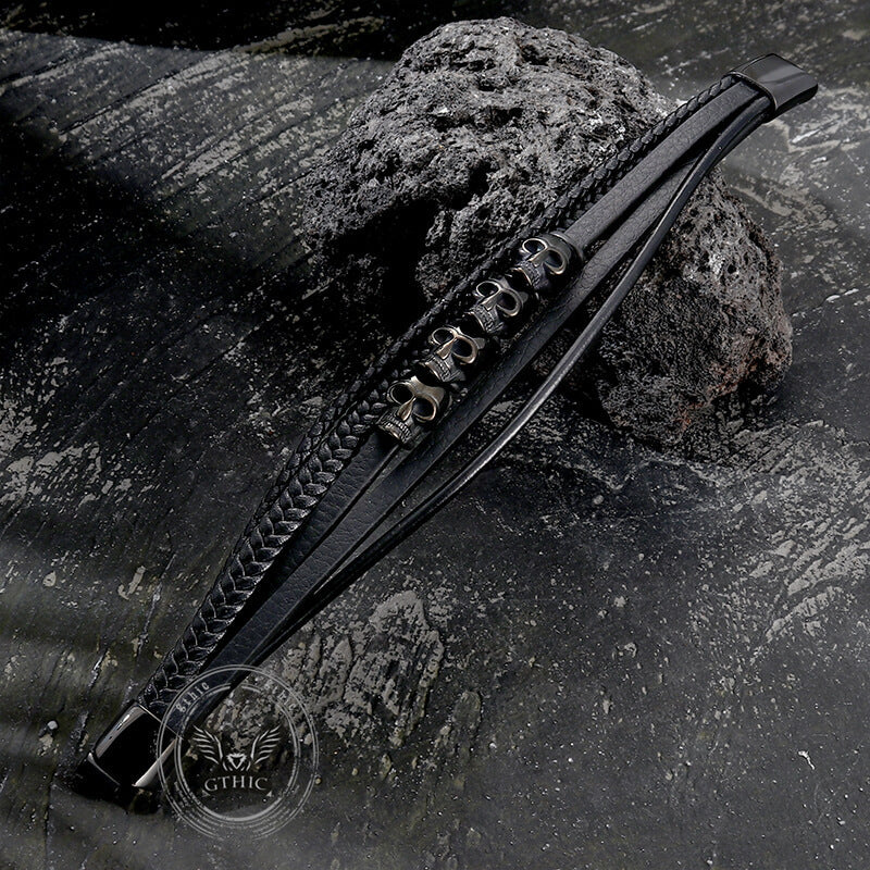 Punk Four Skulls Multi-layer Braided Leather Bracelet