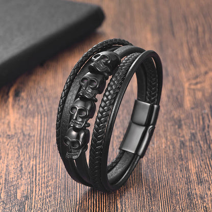 Punk Four Skulls Multi-layer Braided Leather Bracelet