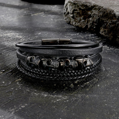 Punk Four Skulls Multi-layer Braided Leather Bracelet