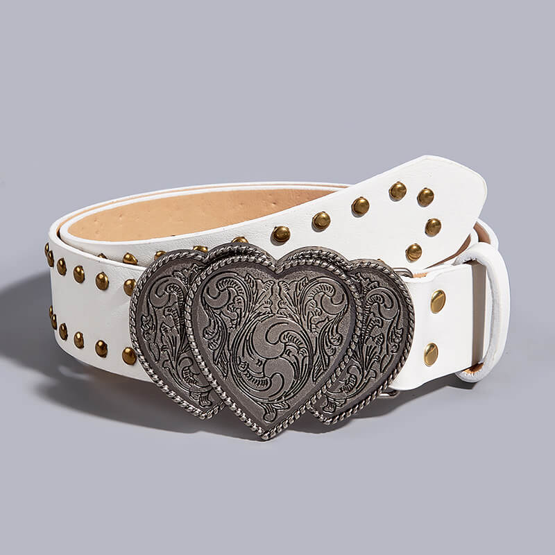Punk Heart Overlapping Buckle Studded Pu Leather Belt