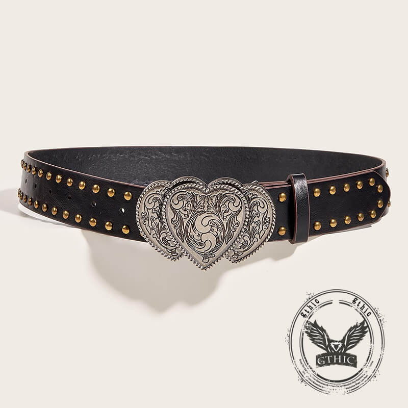 Punk Heart Overlapping Buckle Studded Pu Leather Belt