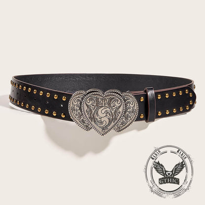 Punk Heart Overlapping Buckle Studded Pu Leather Belt