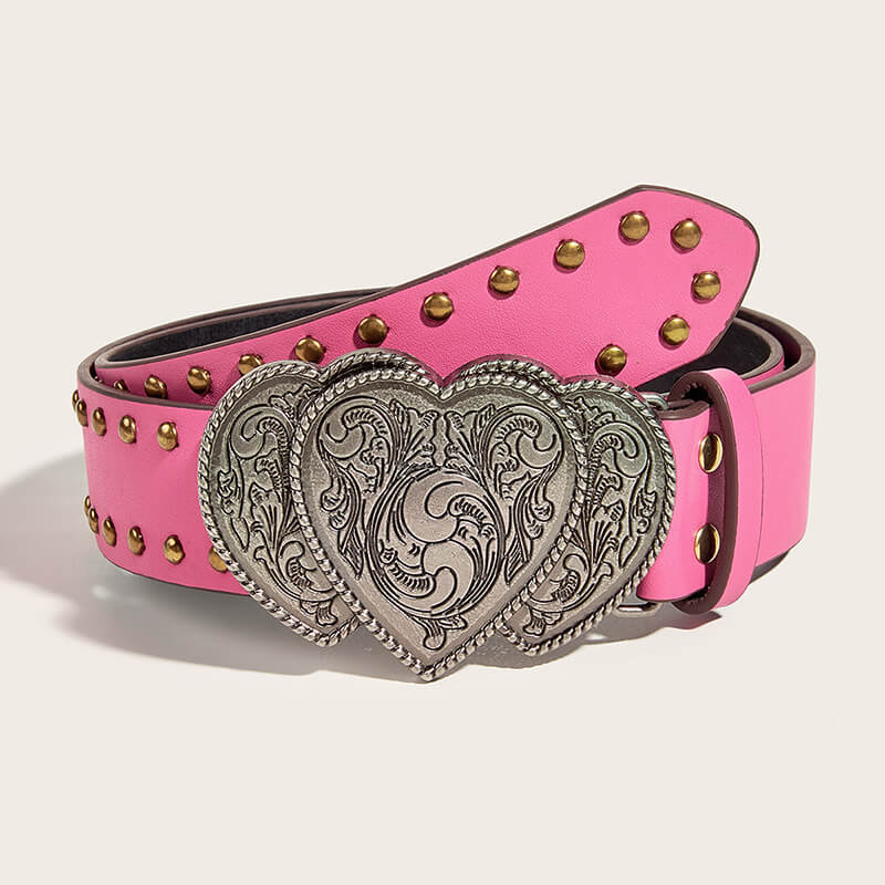 Punk Heart Overlapping Buckle Studded Pu Leather Belt