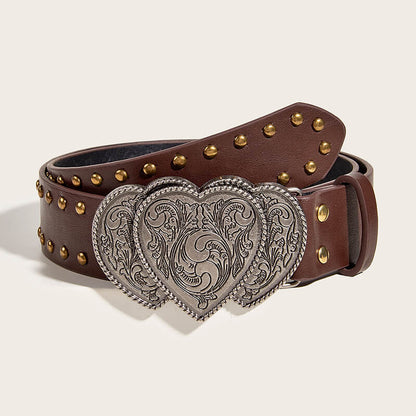 Punk Heart Overlapping Buckle Studded Pu Leather Belt