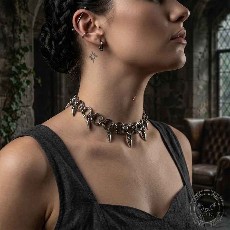 Punk Interlocking Studded Stainless Steel Clavicle Necklace