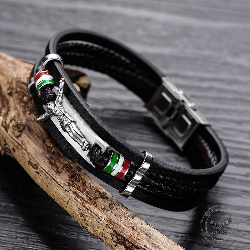 Punk Jesus Suffering Leather Woven Stainless Steel Bracelet