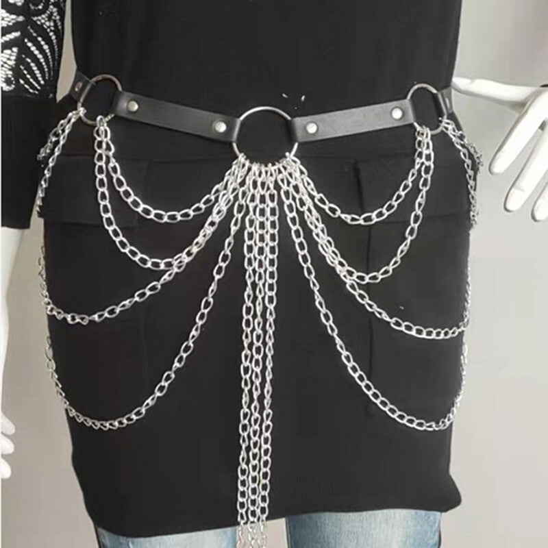 Punk Multi-layer Metal Chain Leather Waist Belt