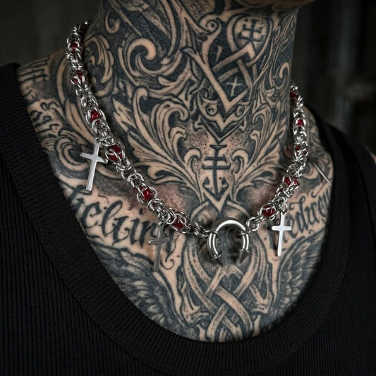 Punk Red Bead Horseshoe Rivet Cross Stainless Steel Necklace