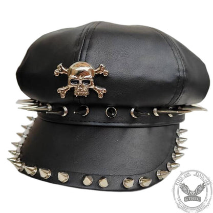 Punk Rivet Skull Pu Leather Newsboy Cap