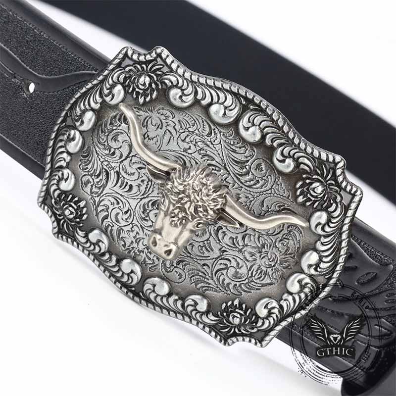 Punk Silver Bull Head Buckle Embossed Pu Leather Belt