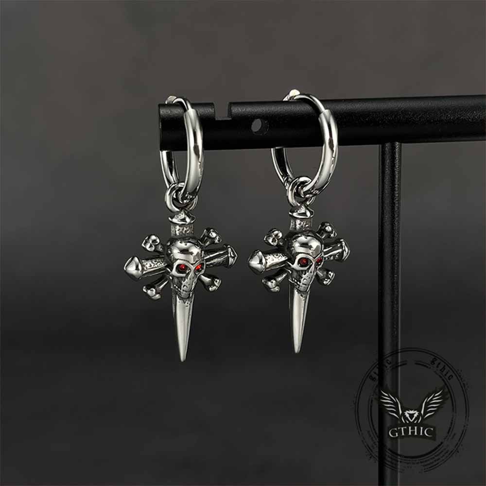 Punk Skull Nail Cross Stainless Steel Gem Earrings