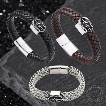 Punk St. Michael Archangel Woven Leather Stainless Steel Bracelet