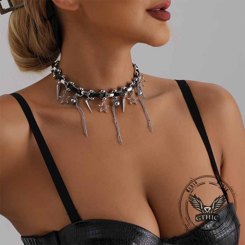 Punk Star Tassel Leather Rope Alloy Choker Necklace