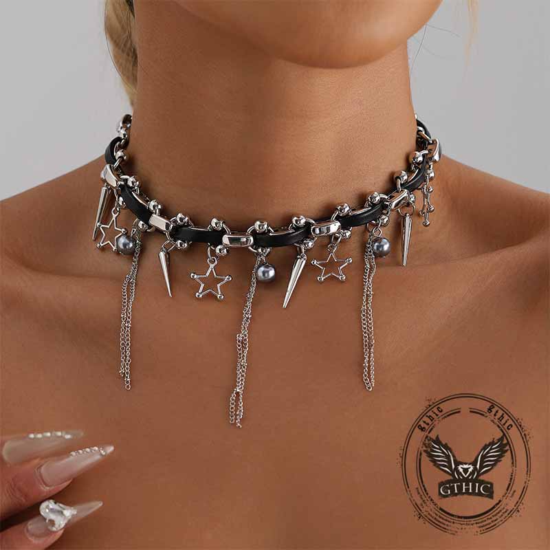 Punk Star Tassel Leather Rope Alloy Choker Necklace