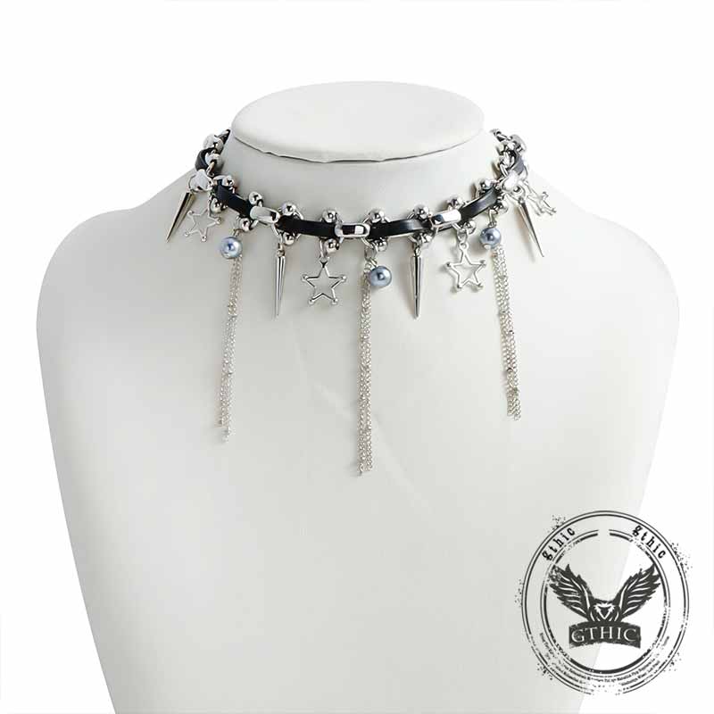 Punk Star Tassel Leather Rope Alloy Choker Necklace