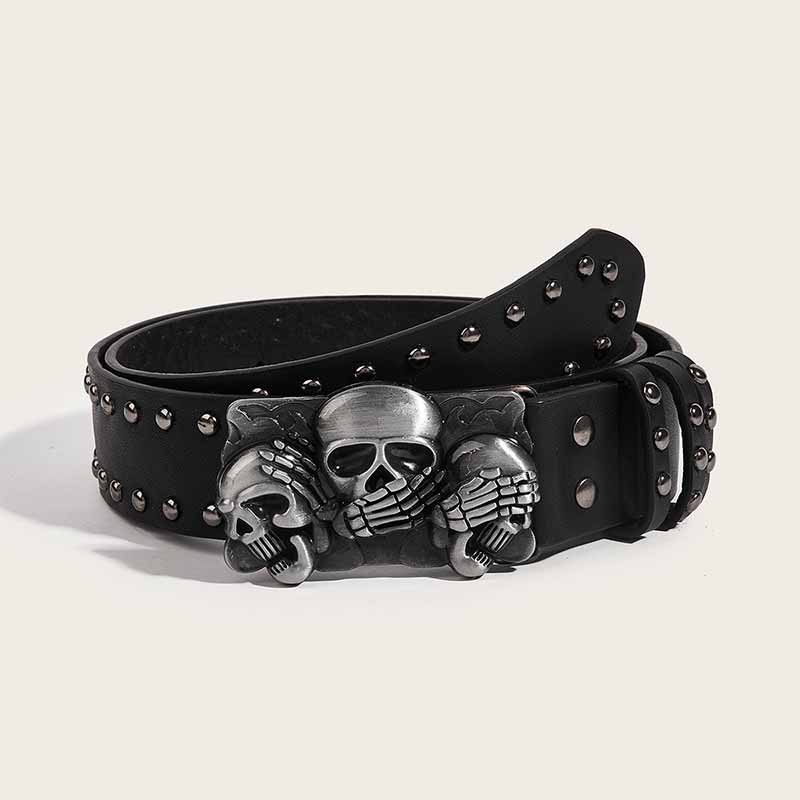 Punk Triple Skull Buckle Rivet Pu Leather Belt
