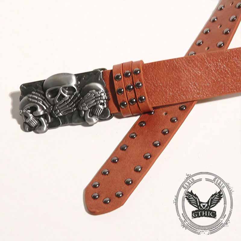 Punk Triple Skull Buckle Rivet Pu Leather Belt