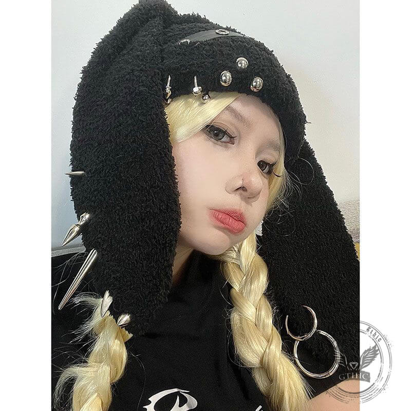 Punk Y2k Leather Buckle Rabbit Ear Rivet Design Hat