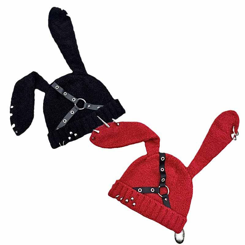 Punk Y2k Leather Buckle Rabbit Ear Rivet Design Hat