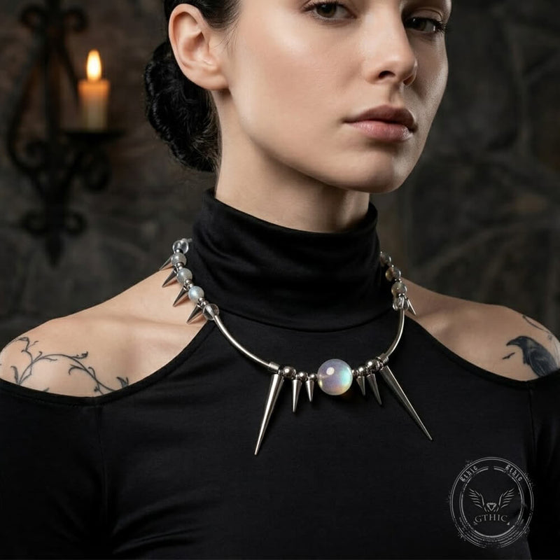 Punk Y2k Studded Gemstone Beaded Stainless Steel Necklace