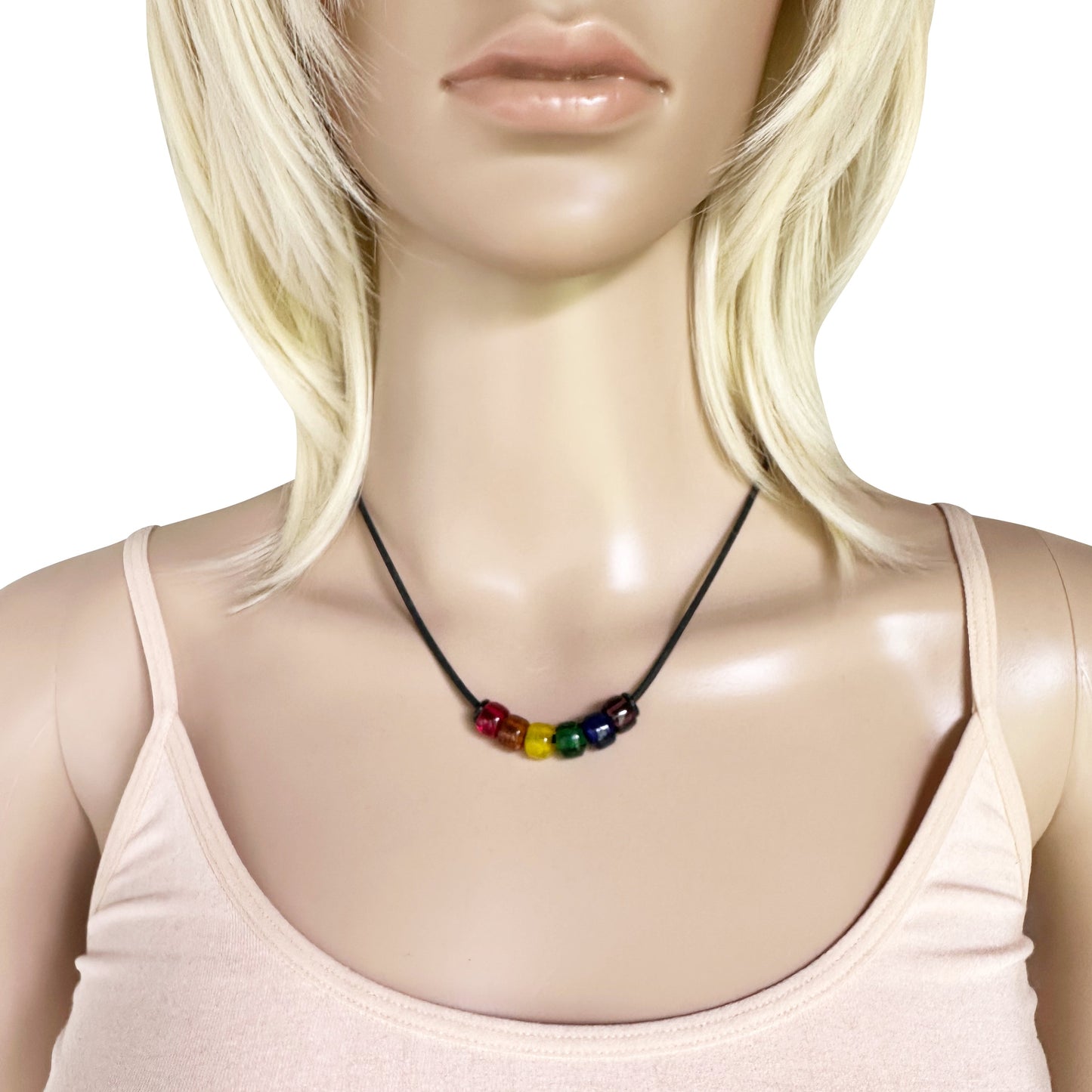 Rainbow Pride Necklace With Czech Glass Beads on Black Rubber Cord, 18 Inches