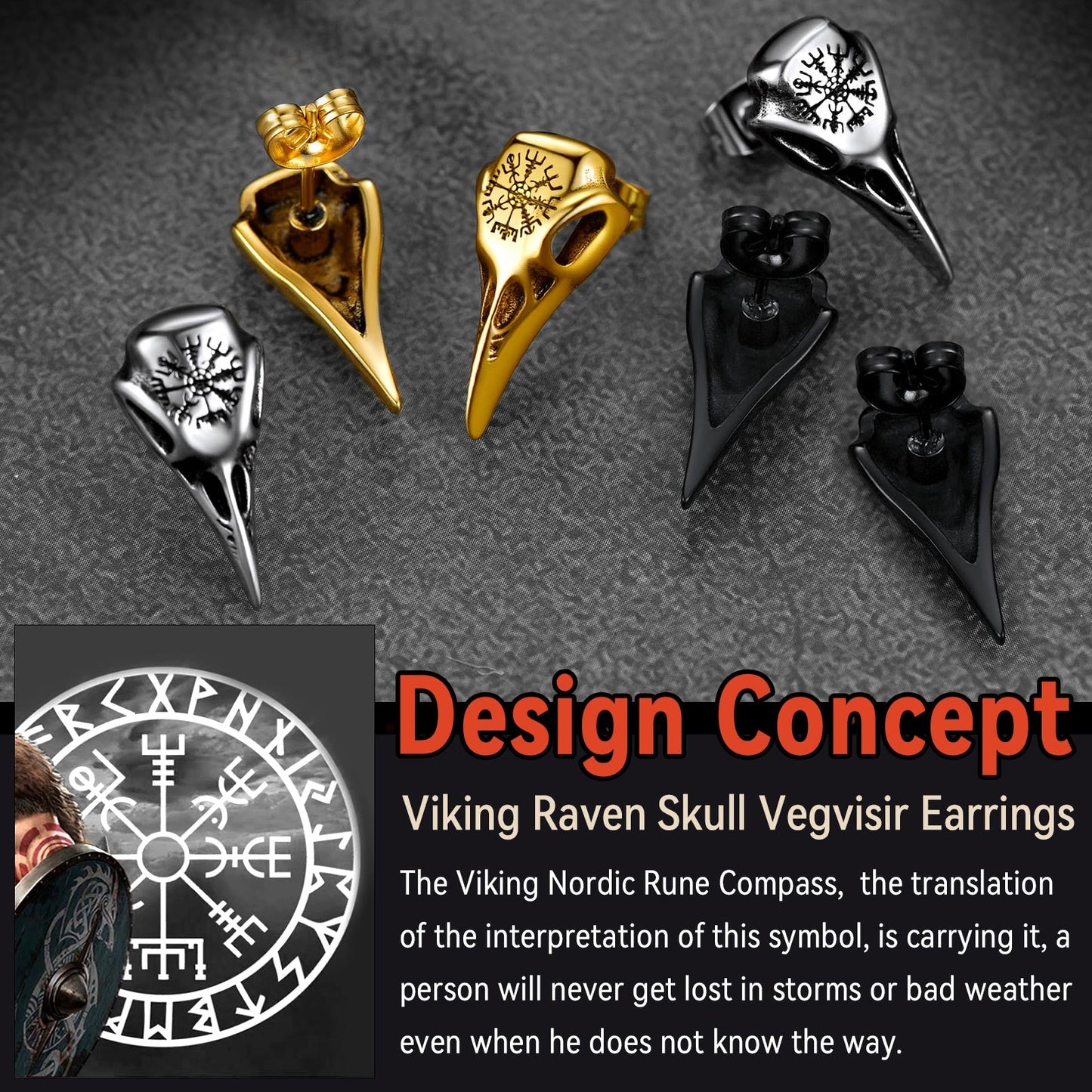Viking Raven Skull Stud Earrings With Viking Vegvisir for