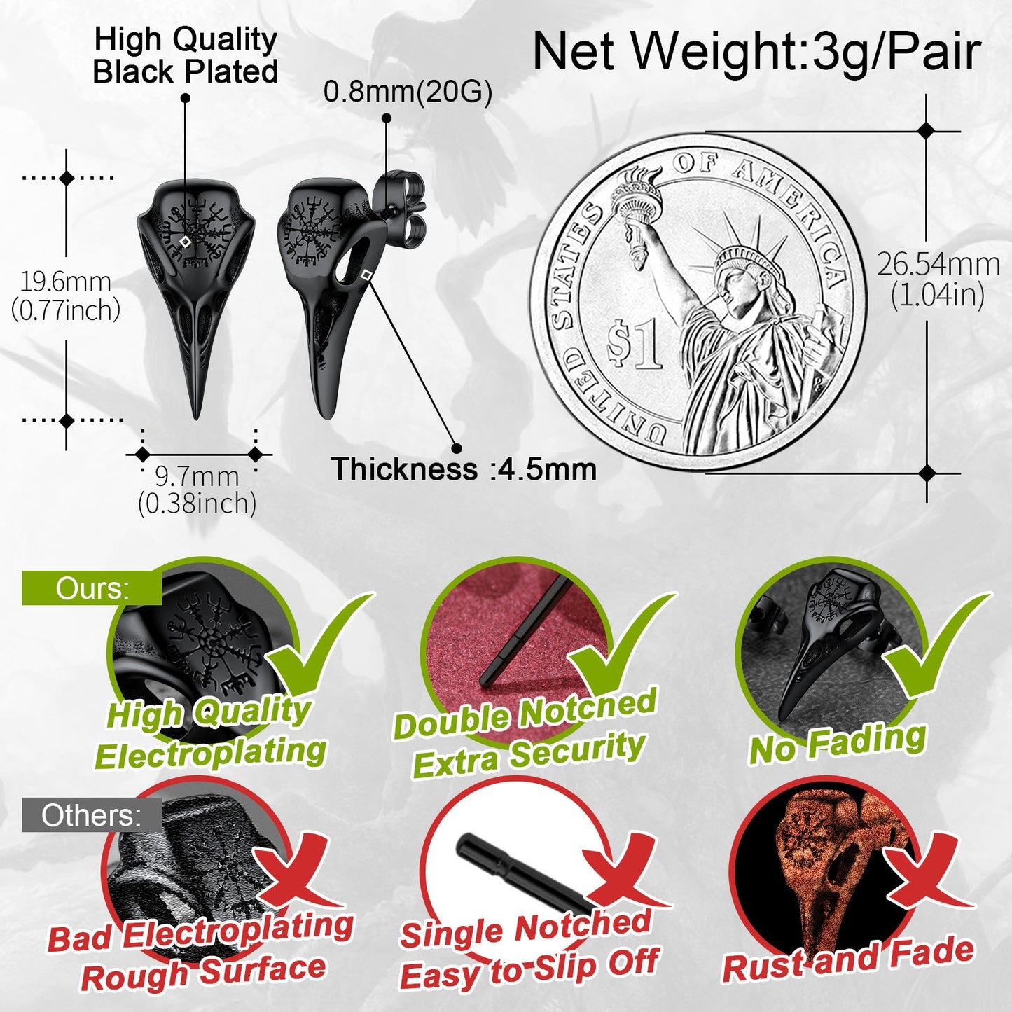 Viking Raven Skull Stud Earrings With Viking Vegvisir for