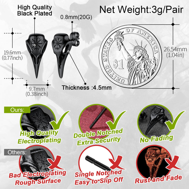 Viking Raven Skull Stud Earrings With Viking Vegvisir for